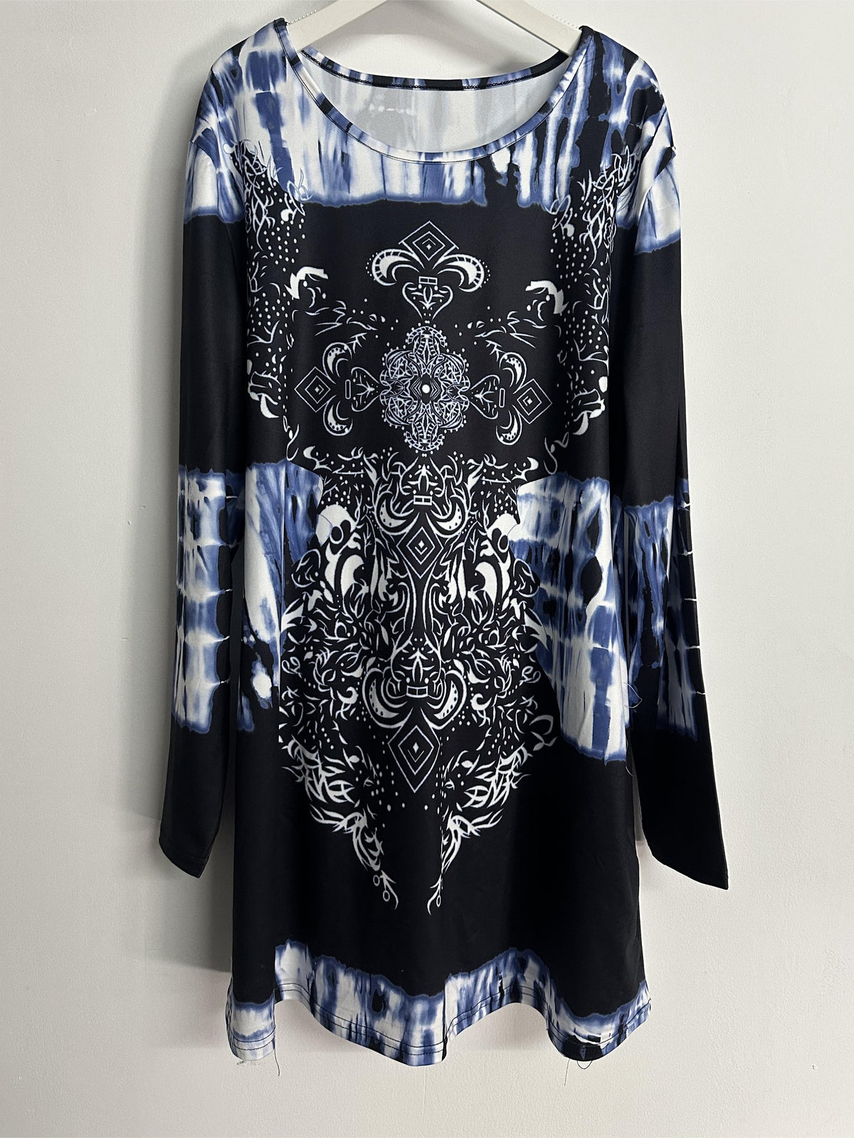 Plus Size, Plus Size Boho Top, Women's Plus Tie Dye Arabesque Print Long Sleeve Round Neck Slight Stretch Tunic Top - product image 5