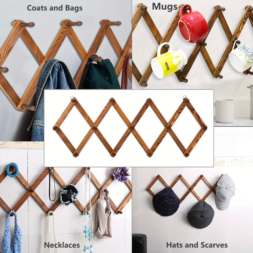 Wall Hat Rack Expandable Wood Accordion Hanger - 13 Hooks for Baseball Caps Coats Scarves Jewelry, Vintage Entryway Hallway Organizer - product image