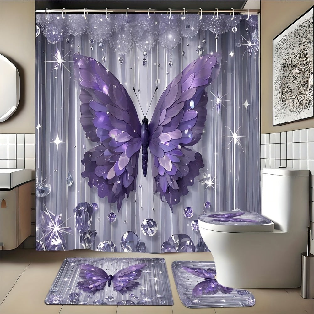 Shower Curtain Set Diamond Butterfly Print 70.8x70.8 Inch - 4 Piece Bathroom Set with U-Shape Toilet Seat Cover Non-Slip Rug 12 Hooks Machine Washable | Cyan Purple Pink | All Seas - product image 9