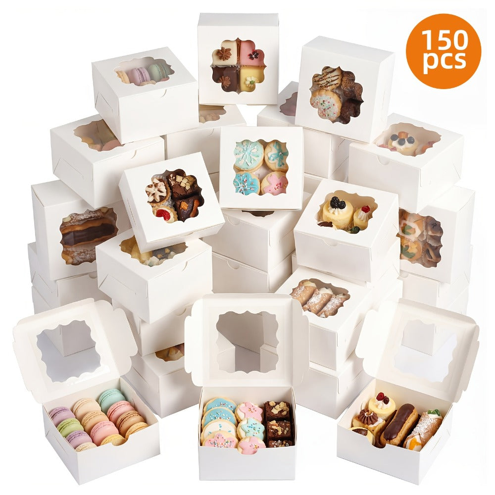 Bakery Boxes with Window 150 Pack White 4x4x2.5 Inch 3 Styles Treat Boxes for Cake Macarons Donuts Dessert Party Favor Wedding Gift Packaging - product image