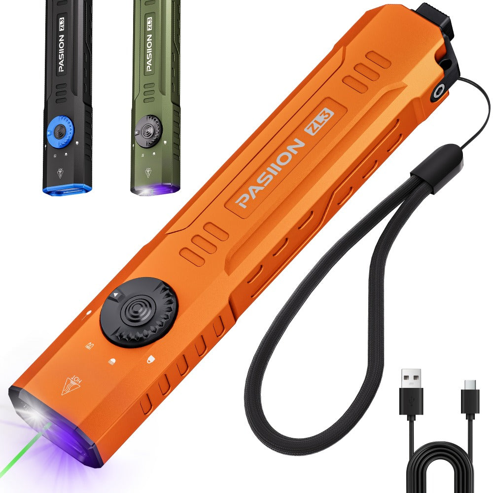 Tactical Flashlight Green Laser UV 3-in-1 | 1500 Lumen Slim EDC Multi-Function Light with White Light + UV365 Ultraviolet + Green Laser Beam | USB Rechargeable for Home Outdoor Dai - product image