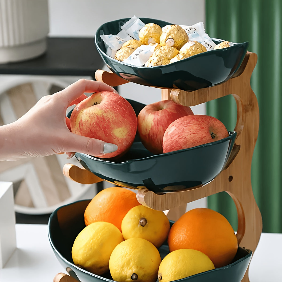 A Creative Two-Layer/Three-Layer Kitchen Fruit Basket, Large-Capacity Layered Fruit Basket, European-Style Dried Fruit Plate, Bamboo and Wood Frame, Household - product image 4