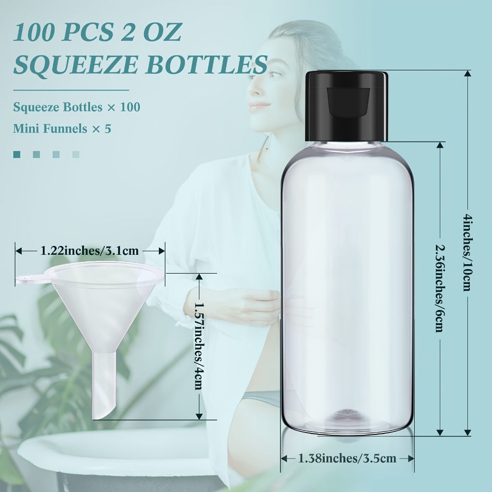 Squeeze Bottles 2oz Flip Cap 100 Pack Clear Plastic Refillable Travel Dispenser Containers BPA Free for Shampoo Lotion Conditioner Liquid Soap Toner Skincare Salon Bulk Bottles - product image 4