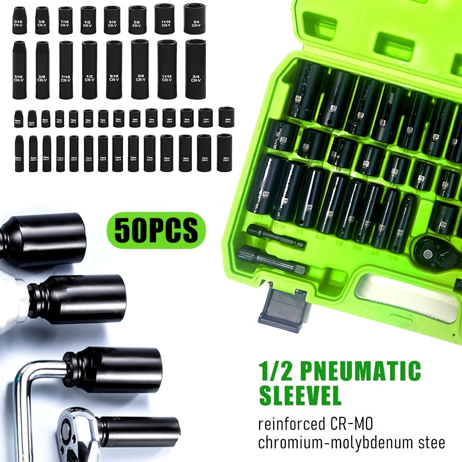 34pcs Impact Socket Set with 1/2" Drive Or 53pcs Tool Set Or 50pcs Impact Socket Set with 3/8" Drive, SAE (5/16" to 3/4") and Metric (8 to 22mm) Sizes, 6-point - product image 13