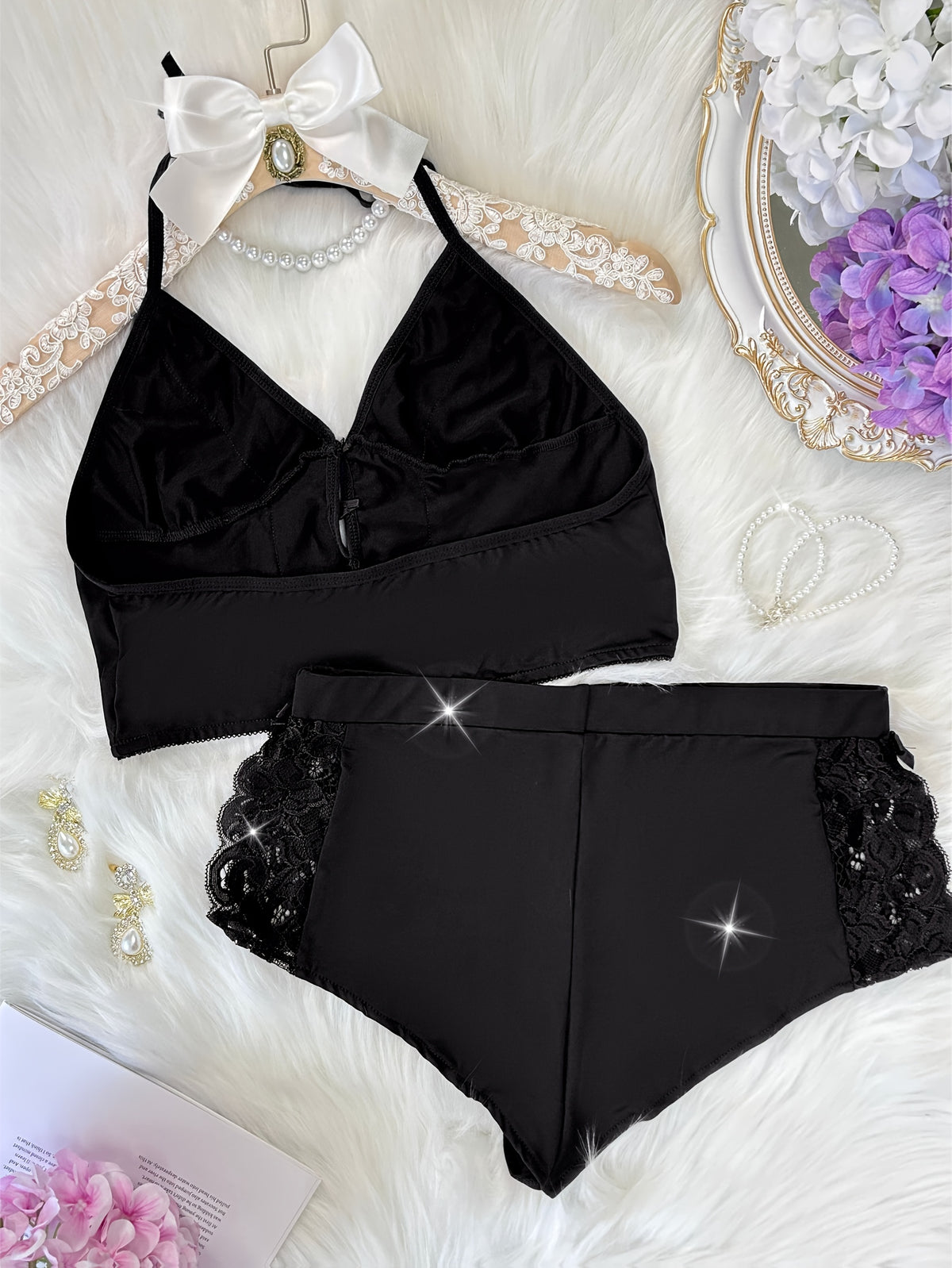 Solid Color Lace Splicing Halter Neck Tie Backless Button Splicing Bilateral Side Opening Lace Splicing Soft -friendly Sexy Home Pajamas Set - product image 21