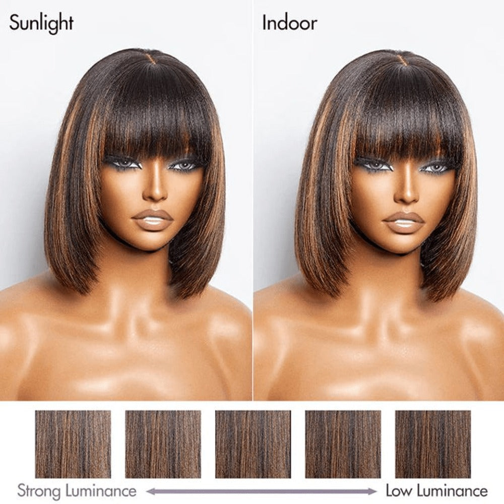 Straight Bob Wig with Bangs Human Hair 3x1 Lace Part Pre-Plucked Glueless Brazilian Short Bob 150 Density 1B/30 Highlight Natural Black 10-12 Inch Women - product image 6