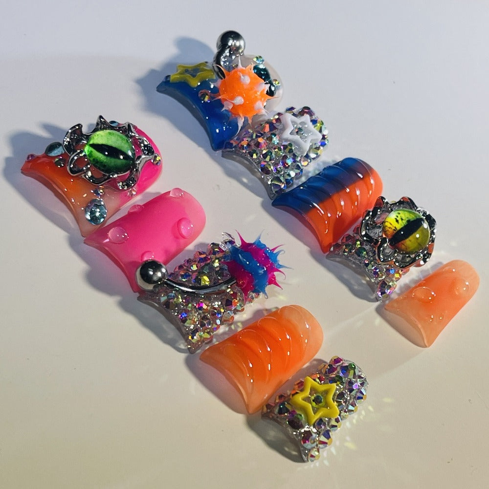 Y2K Duckbill Press On Nails Handmade 3D Charm – Nightmare Eye Barbell Rhinestone Strobe Gradient Star False Nails for Women Girls | Edgy Festival Party Nail Art | S M L Sizes Pink  - product image 15