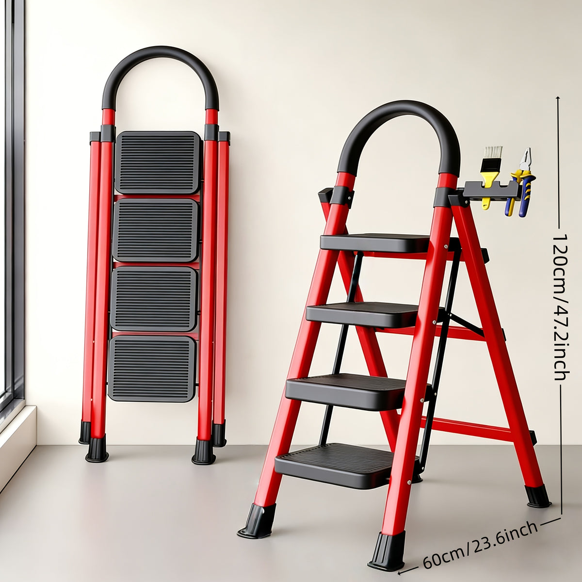 500lbs Load-bearing Folding Ladder | Heavy-duty Steel Step Stool with Anti-slip Wide Treads, Handrails, Safety Lock Design, Black and Red Color Scheme - product image 7