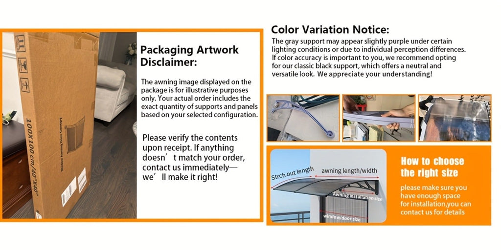 Polycarbonate Window Awning Door Canopy - UV Rain Snow Sun Protection Overhang for Doorways, Patio & Windows, Multiple Sizes, Black/Gray Bracket with Blue/Clear/Brown Board - product image 28