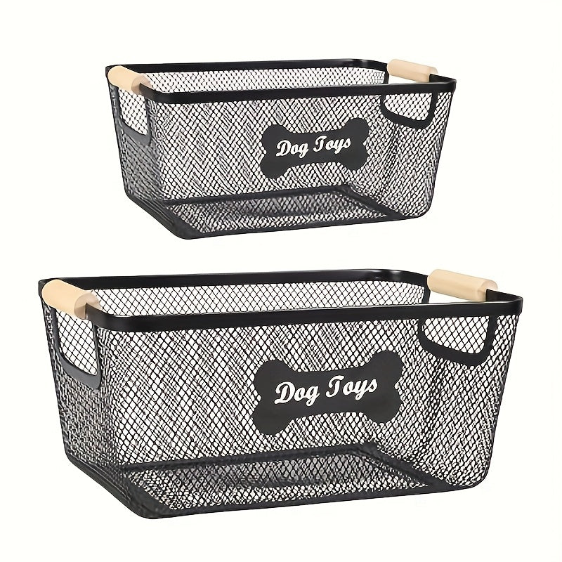 2-Pack Mesh Wire Organizer Bin for Dog Toys, Collars, Blankets & Accessories | Metal Dog Toy Storage Basket Set with Wooden Handles - product image