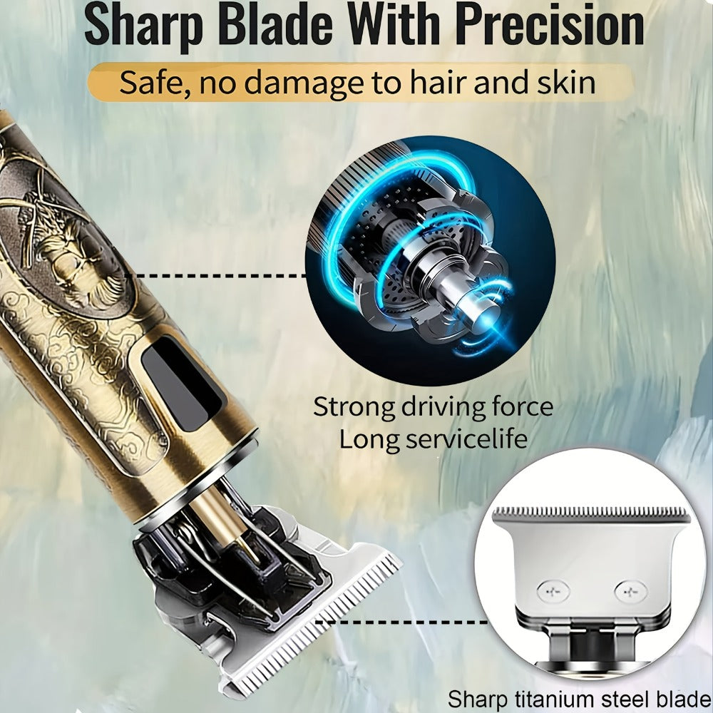 LED Hair Trimmer for Men - T-Blade USB Rechargeable 2000mAh, Vintage Dragon & Mustache Design, 4 Guide Combs, Cordless Precision Grooming, Holiday Gift for Him - product image 4