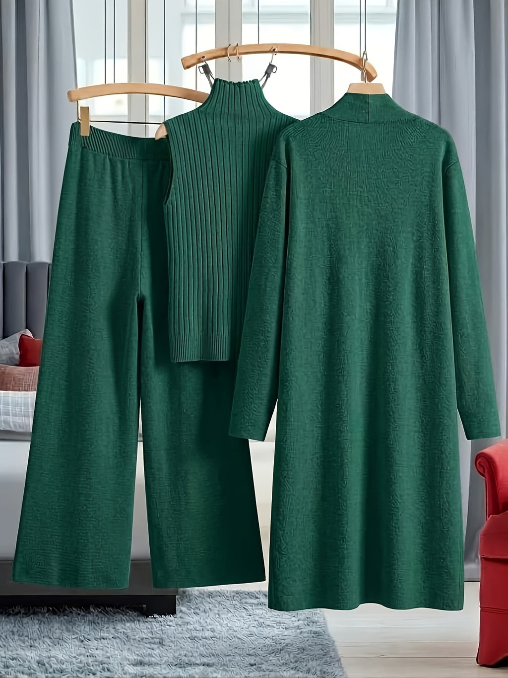 Genuine - Women's Autumn and Winter New Loose Set: Long Wide-Leg Pants + Shawl Cardigan + High-Collar Sweater Vest Fashion Three-Piece Set - product image 37