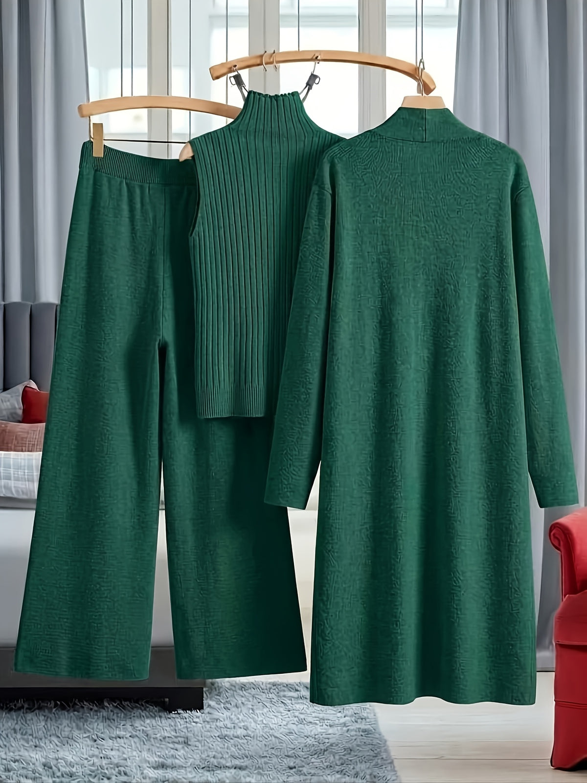 Genuine - Women's Autumn and Winter New Loose Set: Long Wide-Leg Pants + Shawl Cardigan + High-Collar Sweater Vest Fashion Three-Piece Set - product image 37