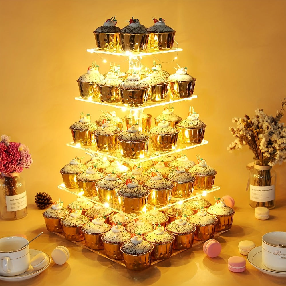 5-Tier Acrylic Cupcake Stand with LED String Lights – Square Dessert Display Tower for 60 Cupcakes Birthday Wedding Baby Shower Tea Party Elegant Transparent Cake Display Rack Easy - product image 2