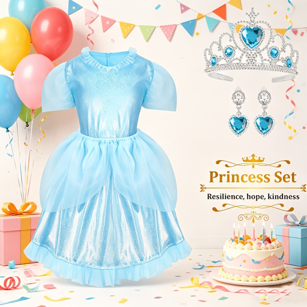 5 Role Play Outfits with Crowns, Earrings & Storage Box, Toddler Princess Costumes for Girls Ages 3-6, Birthday Gift | Girls Princess Dress Up Costume Set 14pcs