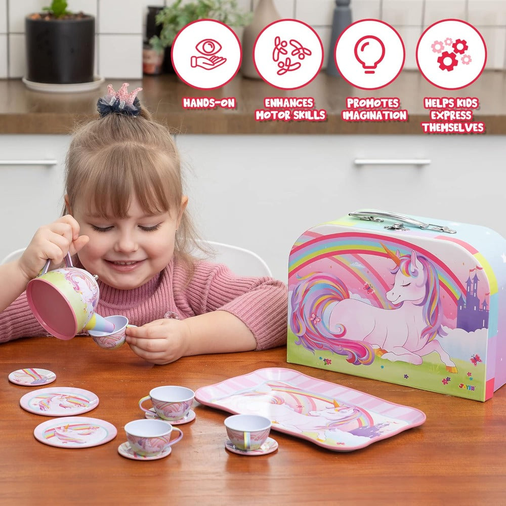 Pretend Play Pink Tin Teapot with Cups, Plates & Carrying Case, Magical Rainbow Design, Birthday Christmas Gift for Kids Ages 3+ | Unicorn Tea Party Set for - product image 12