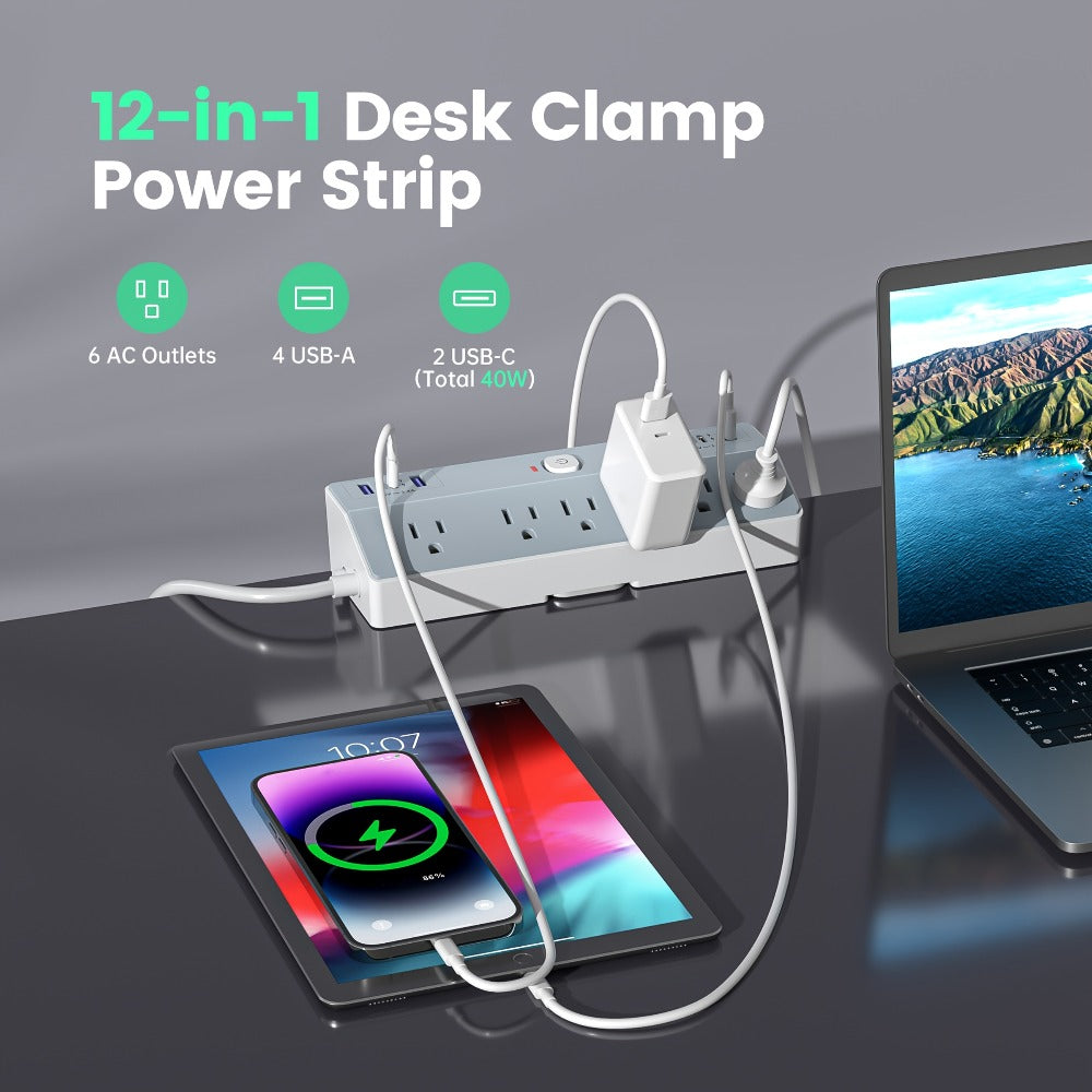 Desk Clamp Power Strip 12-in-1 Surge Protector with 6 Outlets 4 USB-A 2 USB-C PD 20W 40W Fast Charging Desktop Mount Flat Plug for Home Office Tabletop - product image