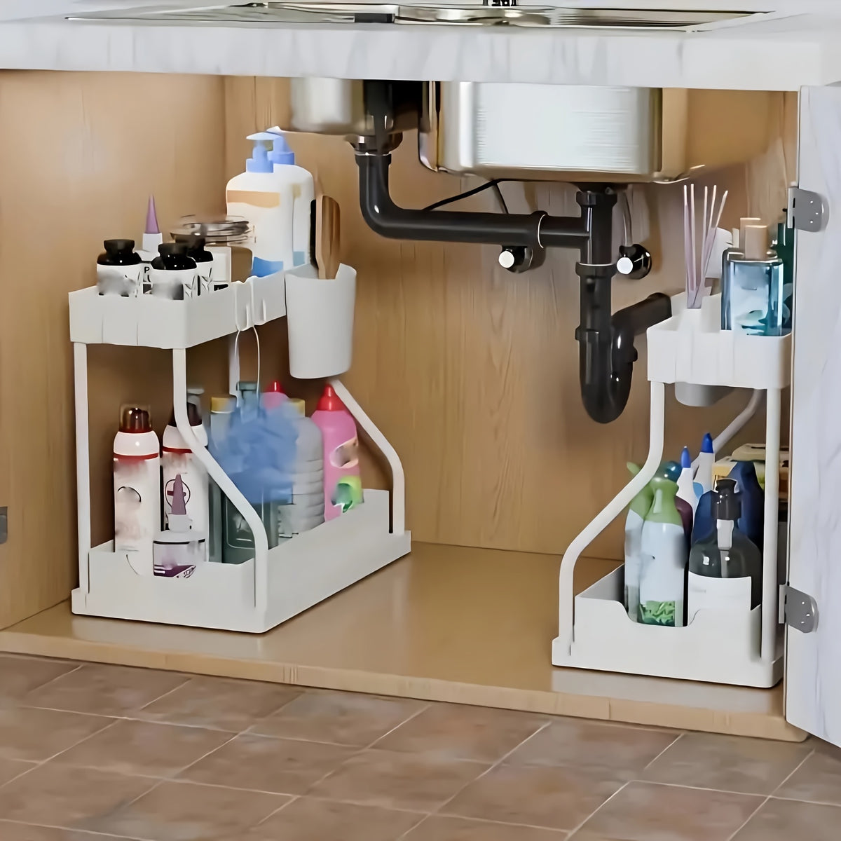 2pcs Under Sink Organizer with Sliding Shelves Multi-Purpose Black Plastic Storage Basket for Bathroom and Kitchen Cabinet Durable Construction Bathroom - product image 5