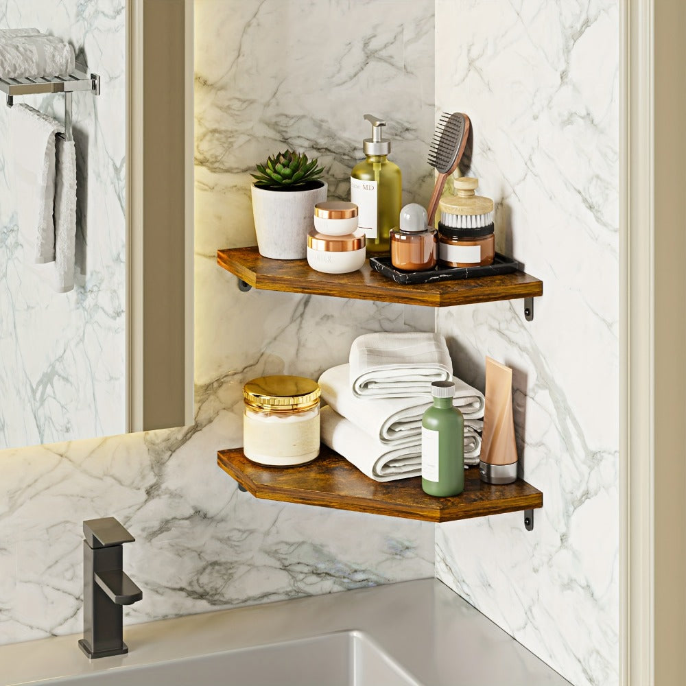 Floating Corner Wall Shelf 5-Sided Wall Mounted Storage Rack - Modern Display Unit for Bathroom, Kitchen, Bedroom & Living Room - Set of 2, 4 or 6 in Brown, Black or White - product image 11