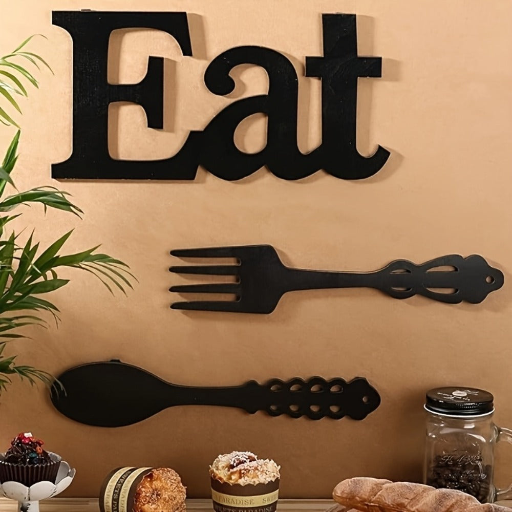 EAT Sign Wall Decor with Fork and Spoon | Rustic Wood Hanging Letters for Kitchen Dining Room | Country Farmhouse Wall Art Wooden EAT Decoration in Black - product image
