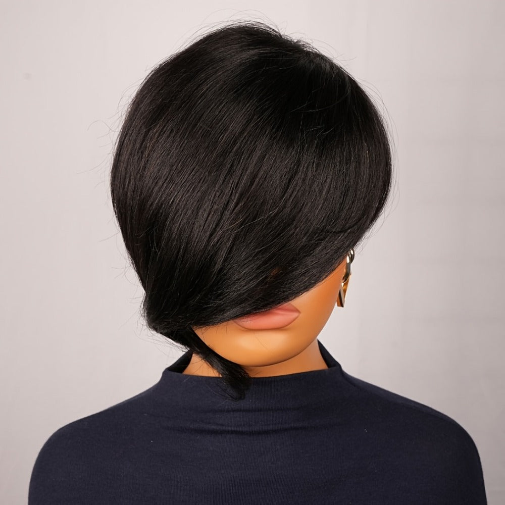 Pixie Cut Human Hair Wig with Bangs 8 Inch 200% Density Glueless | Side Part Layered Straight Rose Net Cap Throw On and Go | #1 #4 #99J Women Daily Party - product image 14