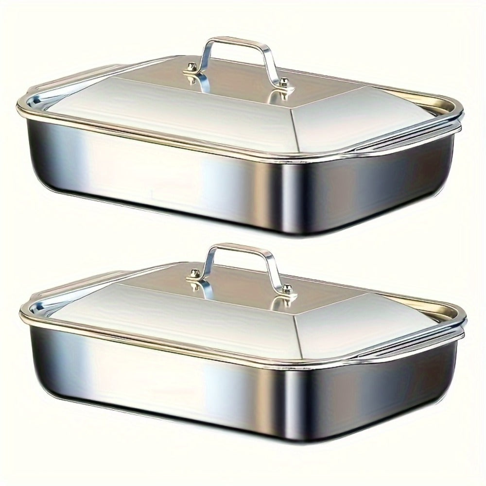 Stainless Steel Baking Pan Set 4-Piece – 2 Deep Roasting Pans & 2 Lidded Pans with Handles, 6-Liter Large Capacity 16.14" Rectangular Baking Pans for Lasagna, Fish, Chicken & Roast - product image