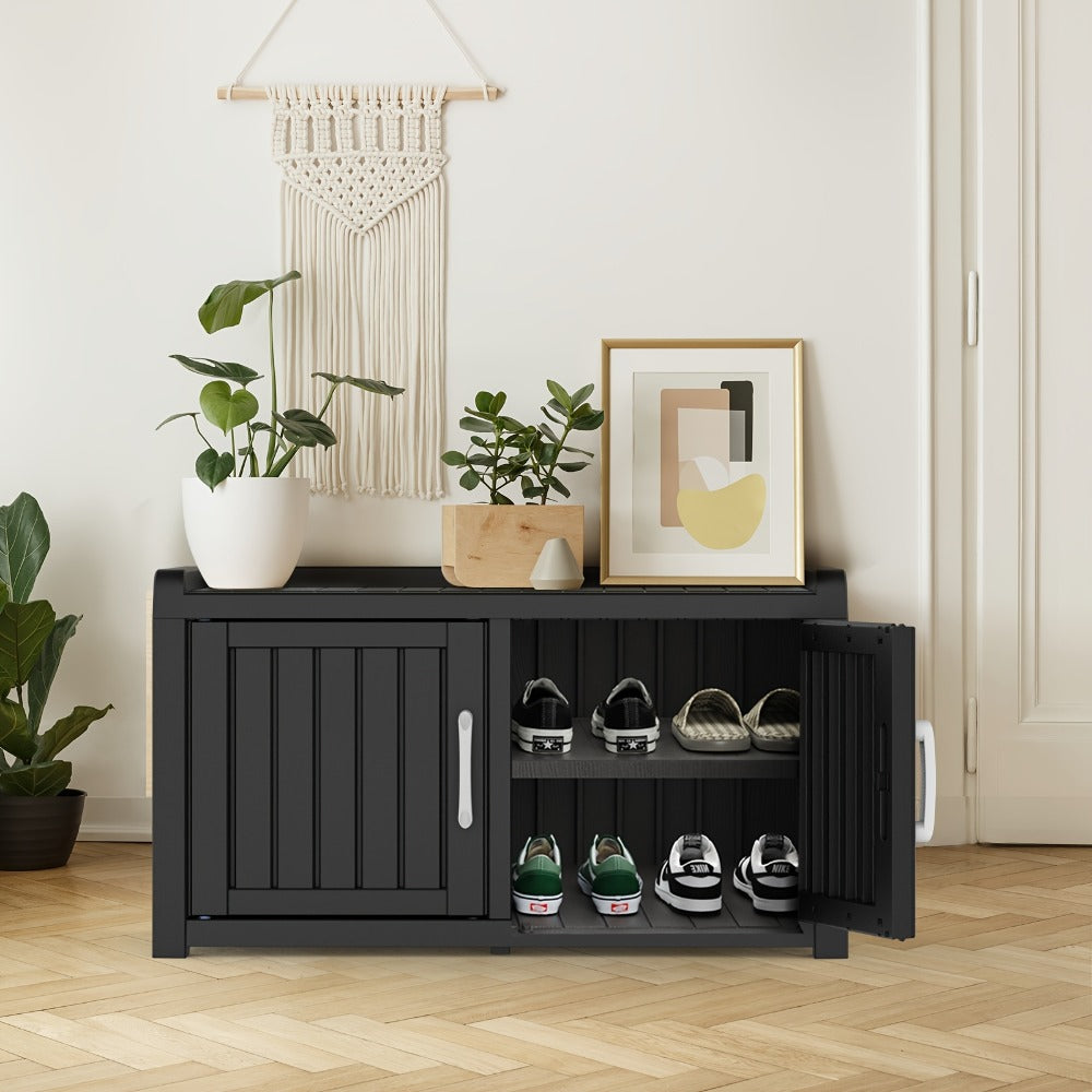 Shoe Storage Bench with Hidden Cabinet Entryway Bench All-Weather Resin Indoor Outdoor Porch Patio Mudroom Hallway Organizer - product image 2