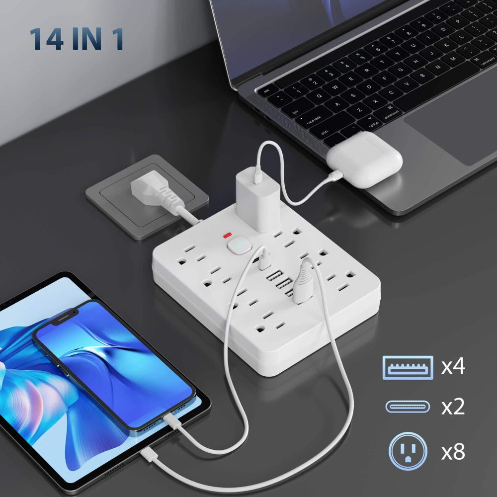 Power Strip Surge Protector 14-in-1 with 8 AC Outlets, 4 USB & 2 Type-C Ports – Flat Plug Space-Saving Extension Cord, Compact Multi-Plug Outlet Expander for Home Office Desk & Kit - product image 6