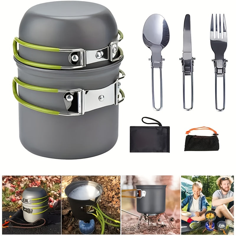 Portable Camping Cookware Set with Double Pot & Utensils | Featherlight Open Fire Cooking Kit with Forks Knives Spoons, Compact Space-Saving Iron Cookware for Outdoor Camping Picnic Travel Adventures
