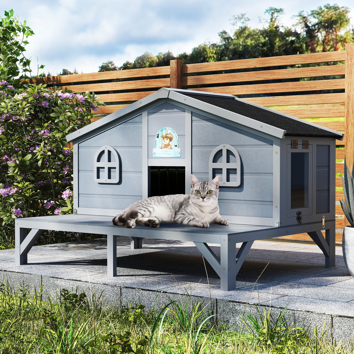 Large Indoor Outdoor Catio for 1-3 Cats, Rabbits & Small Animals, Grey – Outdoor Cat House Wooden Weatherproof Feral Cat Shelter with Deck, Elevated Legs & 2 - product image