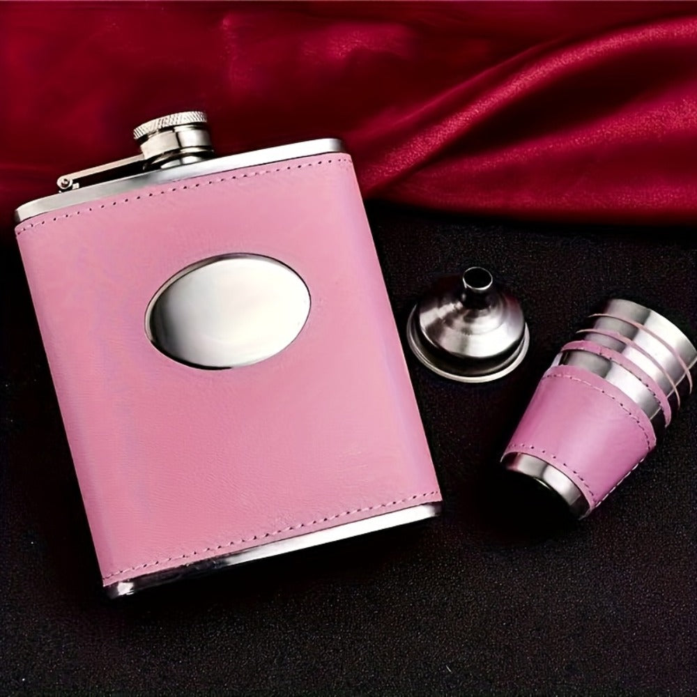 Flask Set for Women 6oz Leather Wrapped Stainless Steel Hip Flask Gift Set with 4 Cups and Funnel Pink Orange Blue Holiday Christmas Valentine Gift for Girlfriend Mom - product image 5