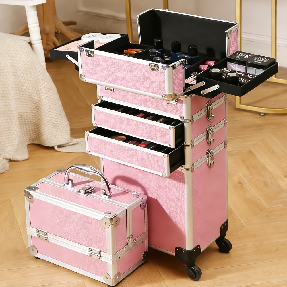 Rolling Makeup Case Aluminum 4-in-1 Extra Large Professional Cosmetic Trolley with 360° Swivel Wheels for Makeup Artist Tattoo Artist Salon Travel Black Pink Silver - product image