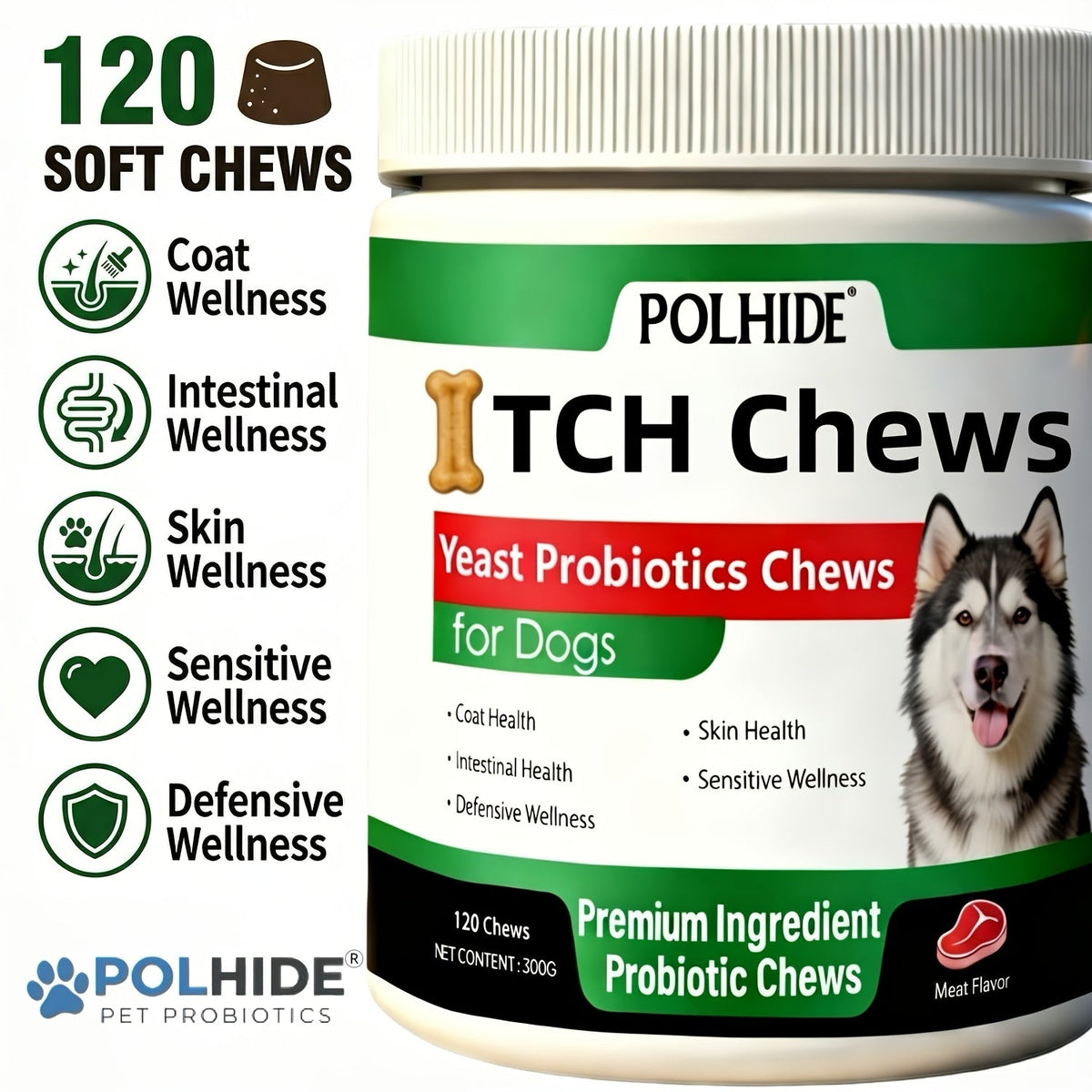 Dog Probiotic Chews 120 Count Heart-Shaped Soft Chews with Yeast & Meat Flavor – 120-Day Supply Pet Digestive Supplement Daily Wellness Chew – Supports Gut - product image