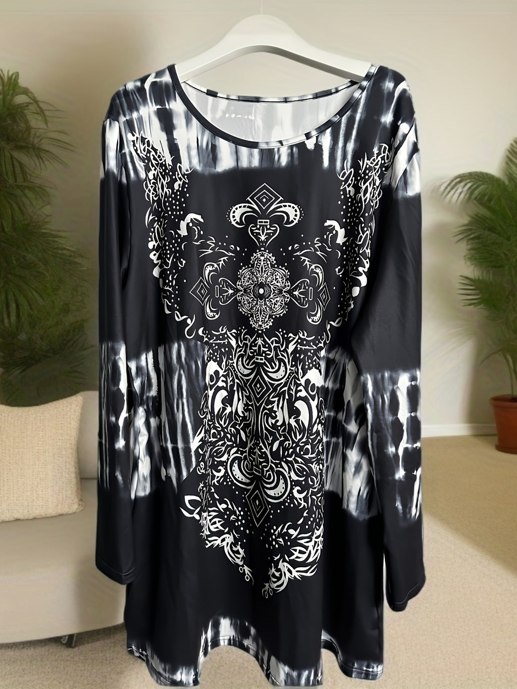 Plus Size, Plus Size Boho Top, Women's Plus Tie Dye Arabesque Print Long Sleeve Round Neck Slight Stretch Tunic Top - product image 8
