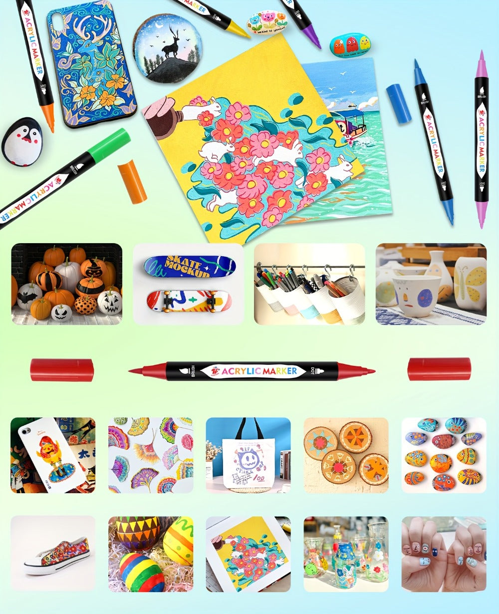 Double Zipper Premium Storage, Non-Toxic Odorless Paint Pens for Canvas Rock Wood Glass Fabric, Artist Gift – Acrylic Paint Markers with Canvas Bag Dual Tip 48 - product image 8