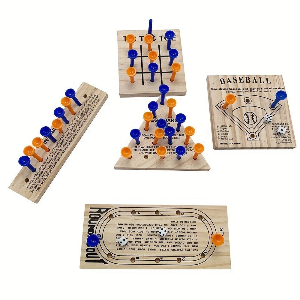 Wooden Board Game Set 5-in-1 | Luban Lock Puzzle Brain Games with Peg Board, Dice & Plastic Pieces, Classic Family Strategy Games Kit for Kids Adults - product image 5