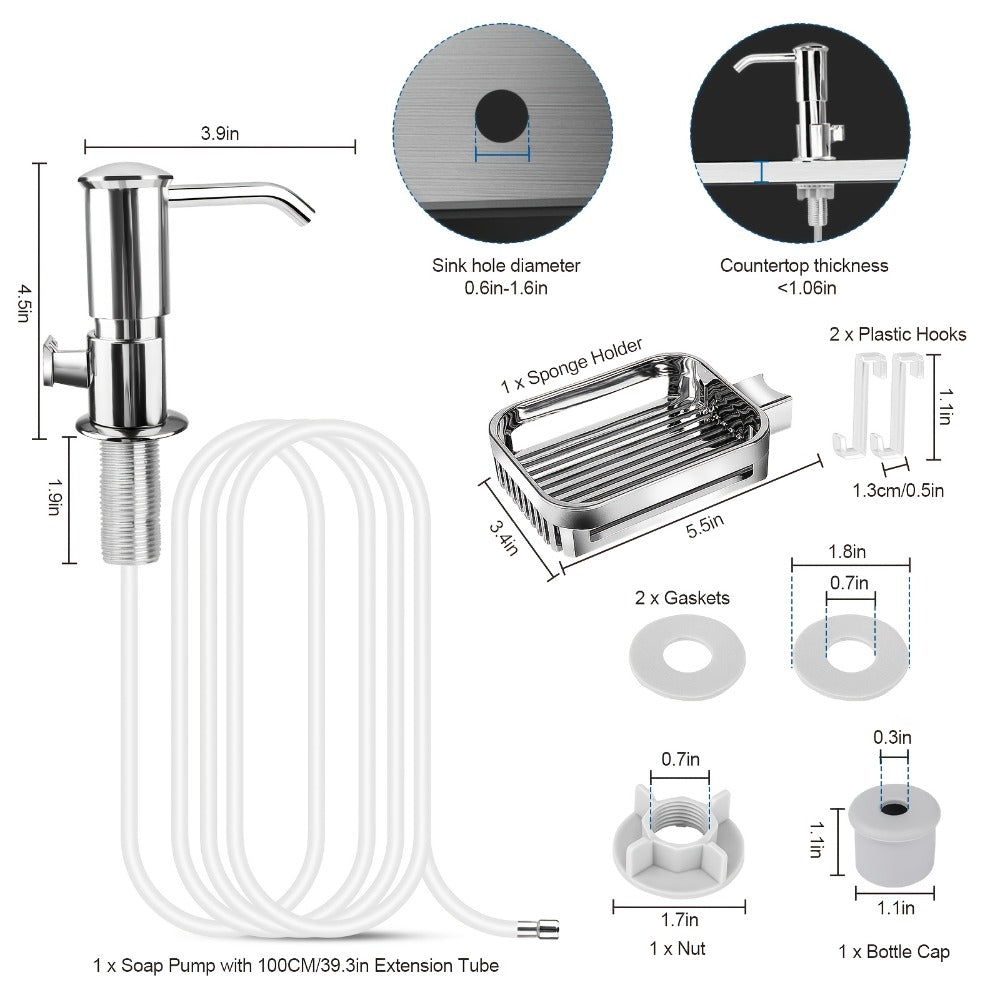 Kitchen Soap Dispenser Set with Sponge Holder & 39" Extension Tube, 360° Rotating Pump, No-Drill DIY Install for Kitchen Sink Bathroom Counter & Laundry Room, Fits 24-40mm Countert - product image 3