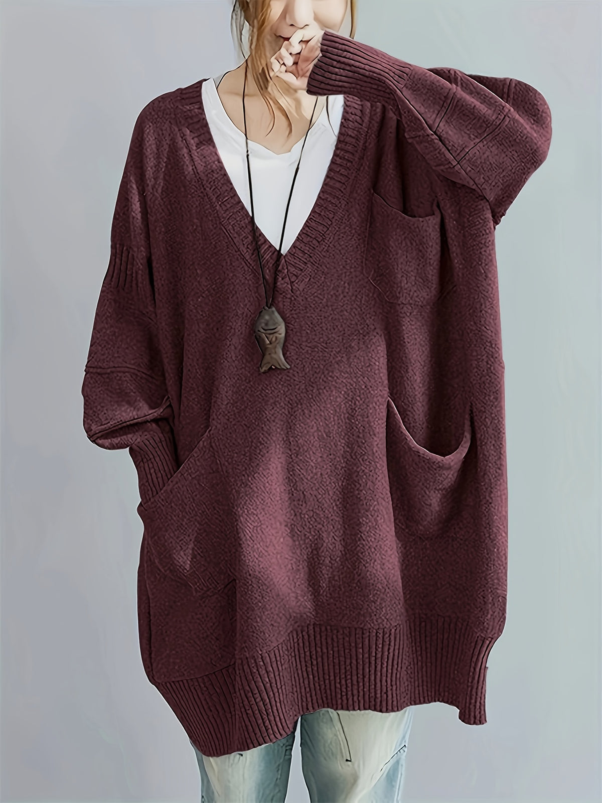 Plus Size, Women's Plus Size Oversized V-Neck Longline Sweater - Soft Machine-Washable Black Pullover for Fall Winter, Elegant Loose Fit Casual Chic Wardrobe - product image 2