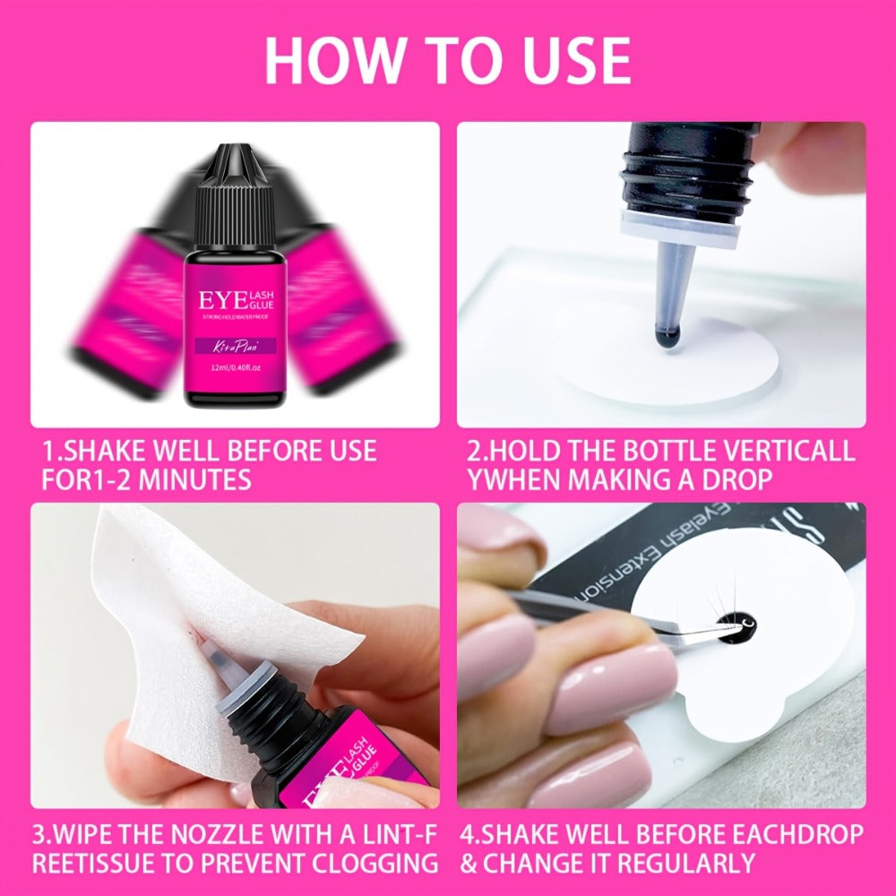 2-Pack Strong Hold Lash Extension Glue — Ultra Fast Dry 0.5–1s, 6–7 Week Retention, Black Eyelash Adhesive for Beginners & DIY Cluster Home Use, 12ml Each - product image 8