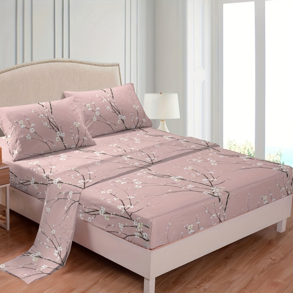 Fitted Sheet Set 4-Piece Plum Blossom Floral Print | Deep Pocket 15" Bed Sheets Twin Full Queen King | Soft Polyester Bedding Set with 2 Pillowcases, All-Season Machine Washable - product image 10
