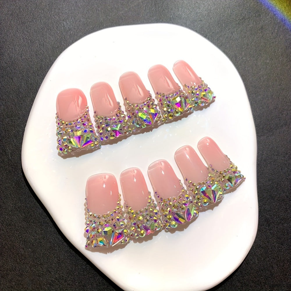 Press On Nails Duckbill French Tip AB Diamond Shiny Nude – Long Handmade Wearable Nail Set 10pcs with Tools for Wedding Party Date School S/M/L - product image 6