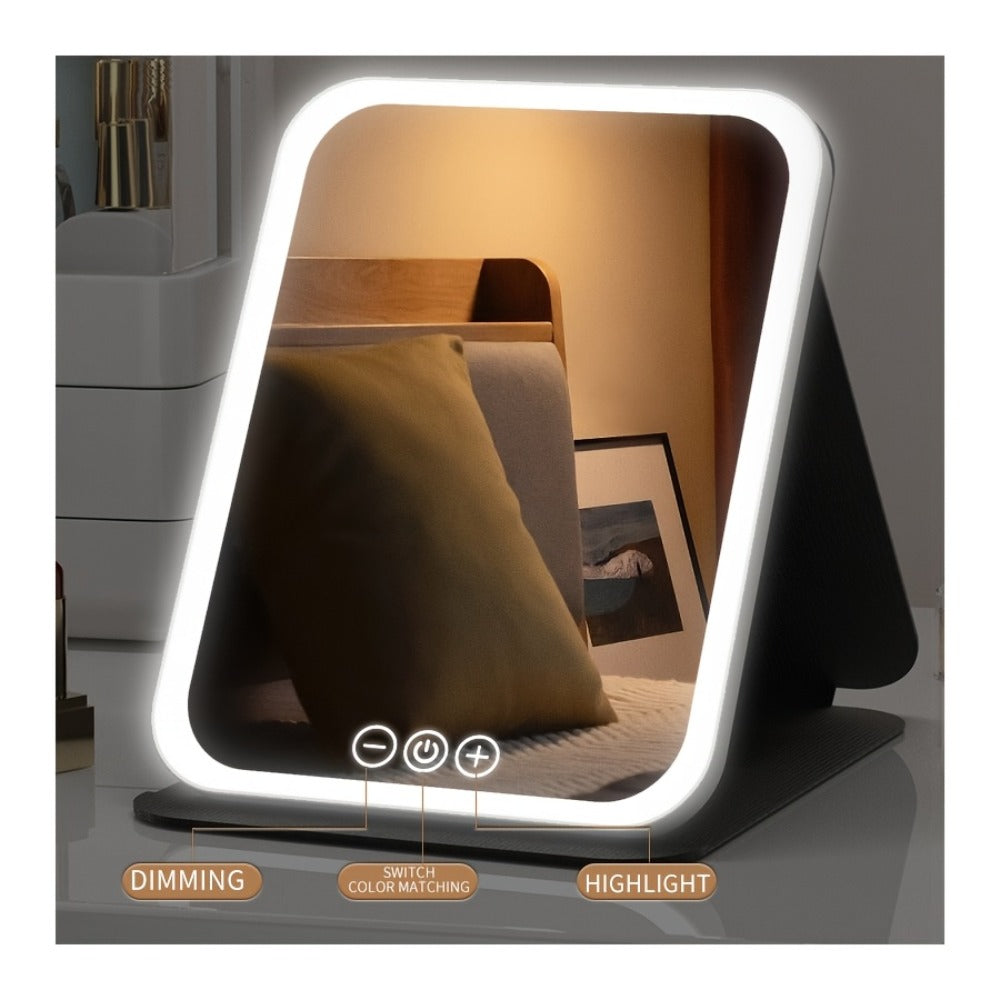 Portable LED Makeup Mirror Folding with Touch Screen - USB Rechargeable Vanity Mirror, Tri-Color Dimmable Lighting, Travel Desk Tabletop, Square or Round Shape, Pink or White, Cord - product image