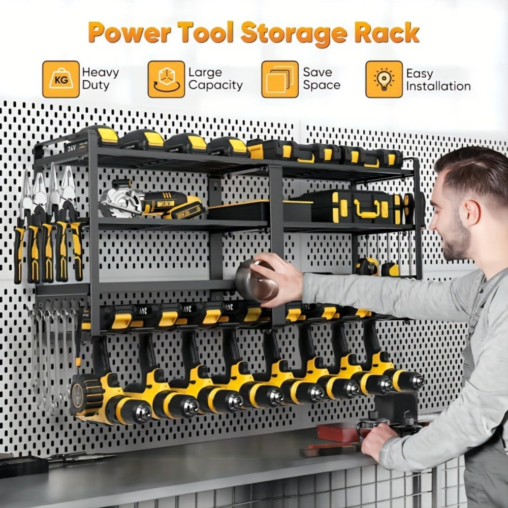 Wall Mounted Power Tool Organizer Rack – Heavy Duty Metal Drill Holder with 2/3/4 Layer Floating Shelf | Garage Tool Storage for Cordless Drills, Screwdrivers & Power Tools | No El - product image 2