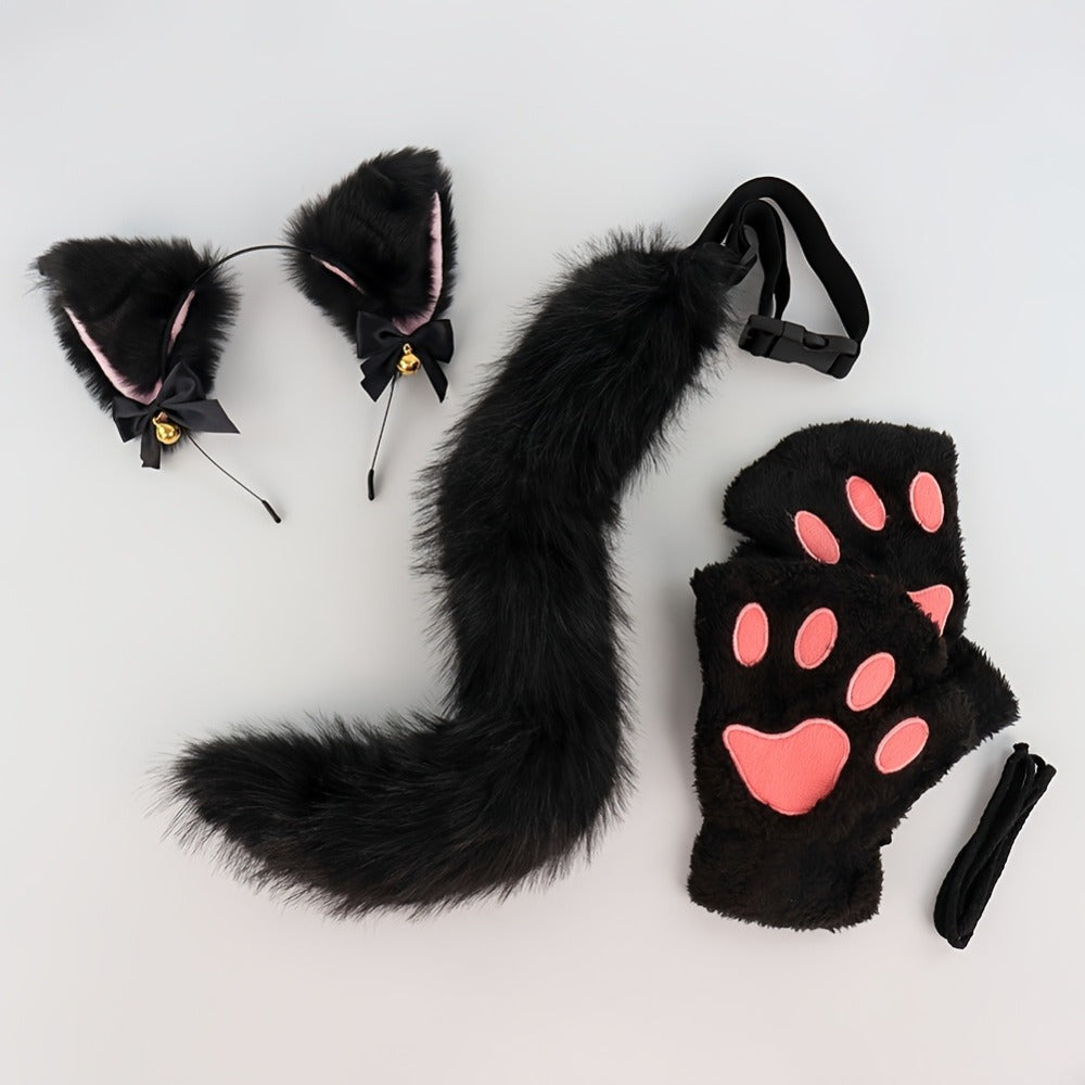 Bell Ear Headband, Plush Paw Gloves & Adjustable Tail for Halloween, Cosplay, Role Play & Stage Performances, Cute Gift for Women Girls, Grey White Brown Pink - product image 10