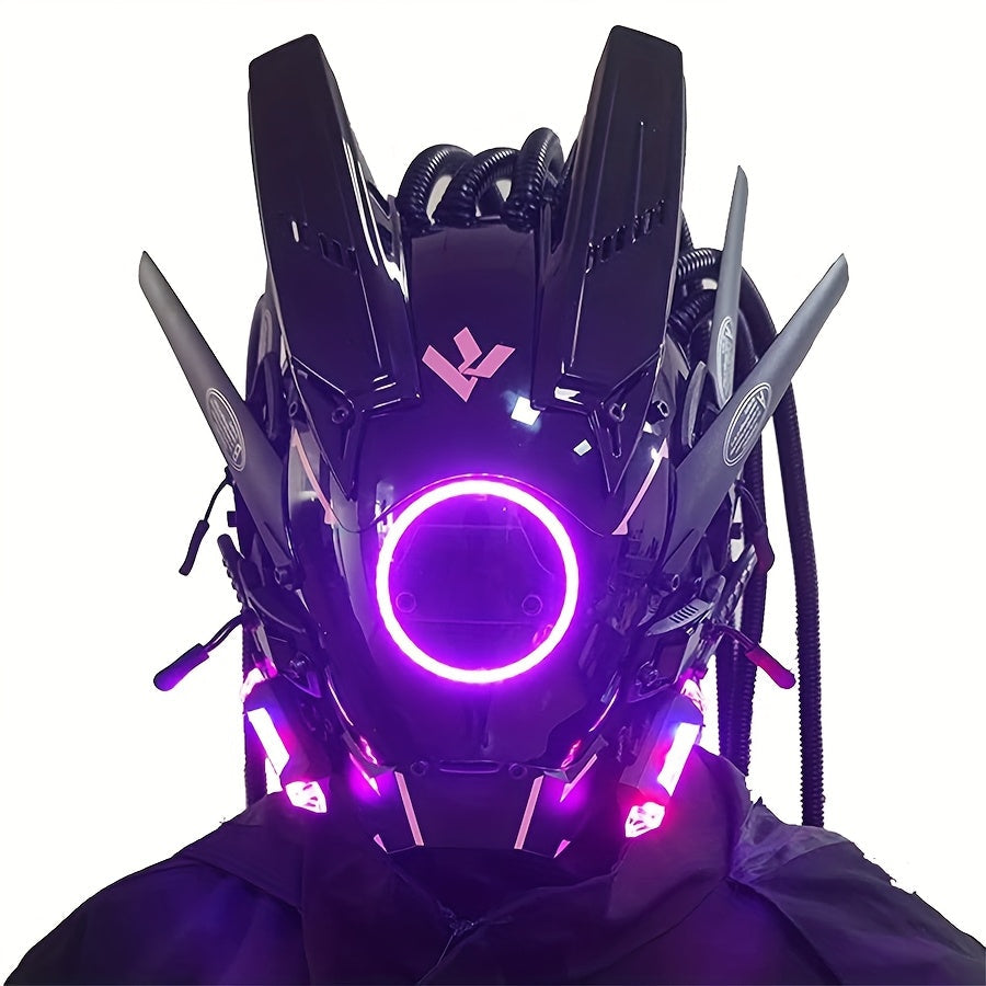 Futuristic Sci-Fi Mechanical Face Mask for Halloween, Cosplay, Music Festival & Rave Party, Blue Green Pink, Free Helmet Included, Adult Gift – LED Cyberpunk Samurai Mask with Braids