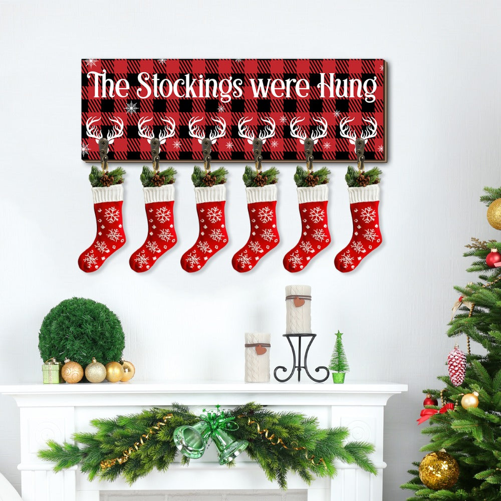 Christmas Stocking Holder with 6 Hooks – Wooden Sign Wall Rack with Snowflake Design & "The Stockings Were Hung" Quote, Santa Claus Mantel Hanger for Holiday Fireplace Decor - product image 4
