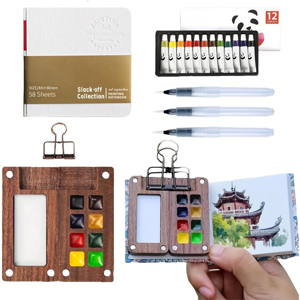 Carry-along Watercolor Paint Set 24 Colors with 15-Grid Palette 3 Brushes and 6 Accessories Pocket Painting Kit for Outdoor Sketching Travel Artists Kids Adults