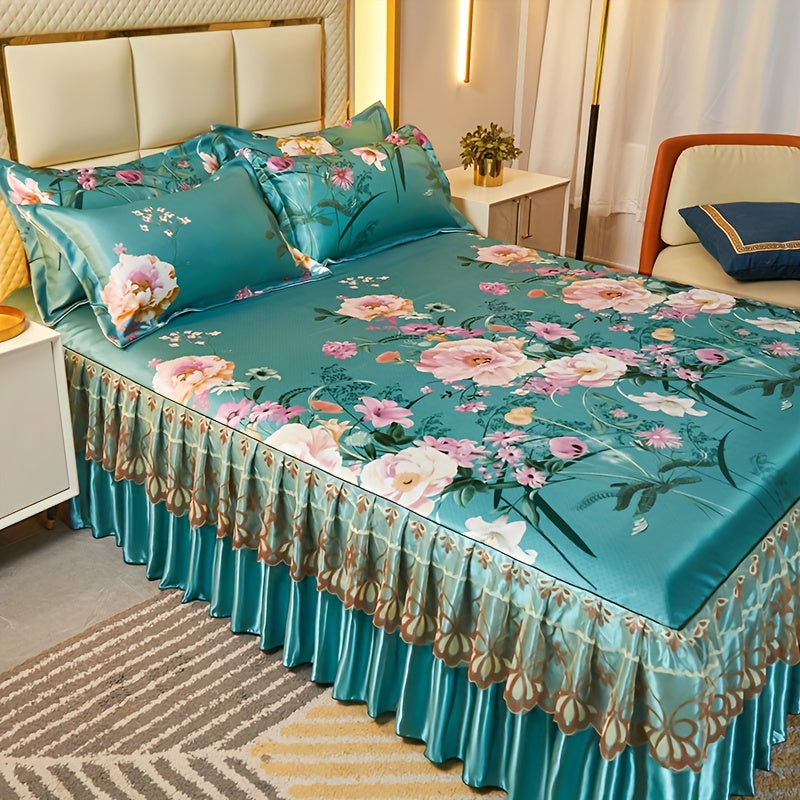 Floral Ruffle Bed Skirt Cool Mat 3 Piece Set with Pillowcase, Double Layer 360° Full Wrap Washable Cooling Mattress Cover, Breathable Summer Bedding Set for Twin Full Queen King, P - product image 46