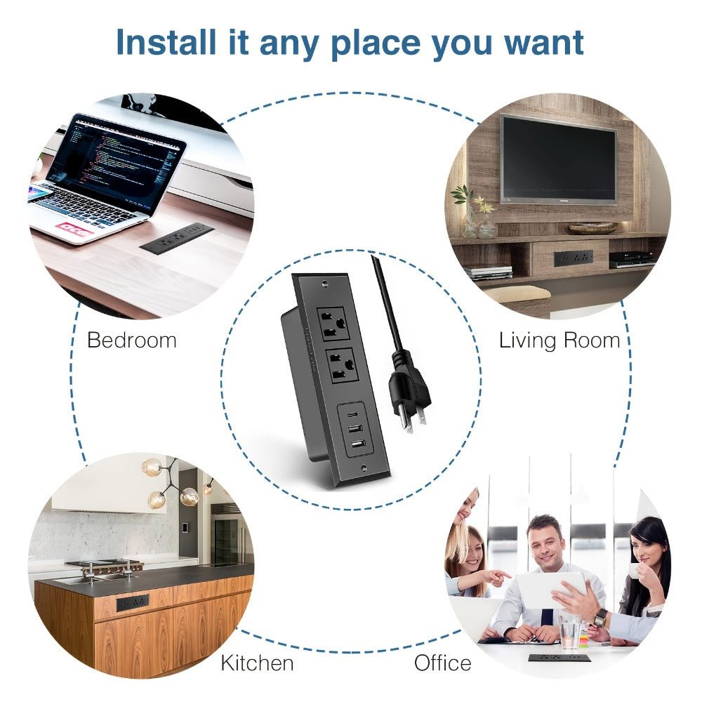 Recessed Power Strip Flush Mount Desk Outlet with USB-C & USB-A Ports In-Desk Power Grommet for Conference Room Office Table Furniture 1.5m Cord - product image 9