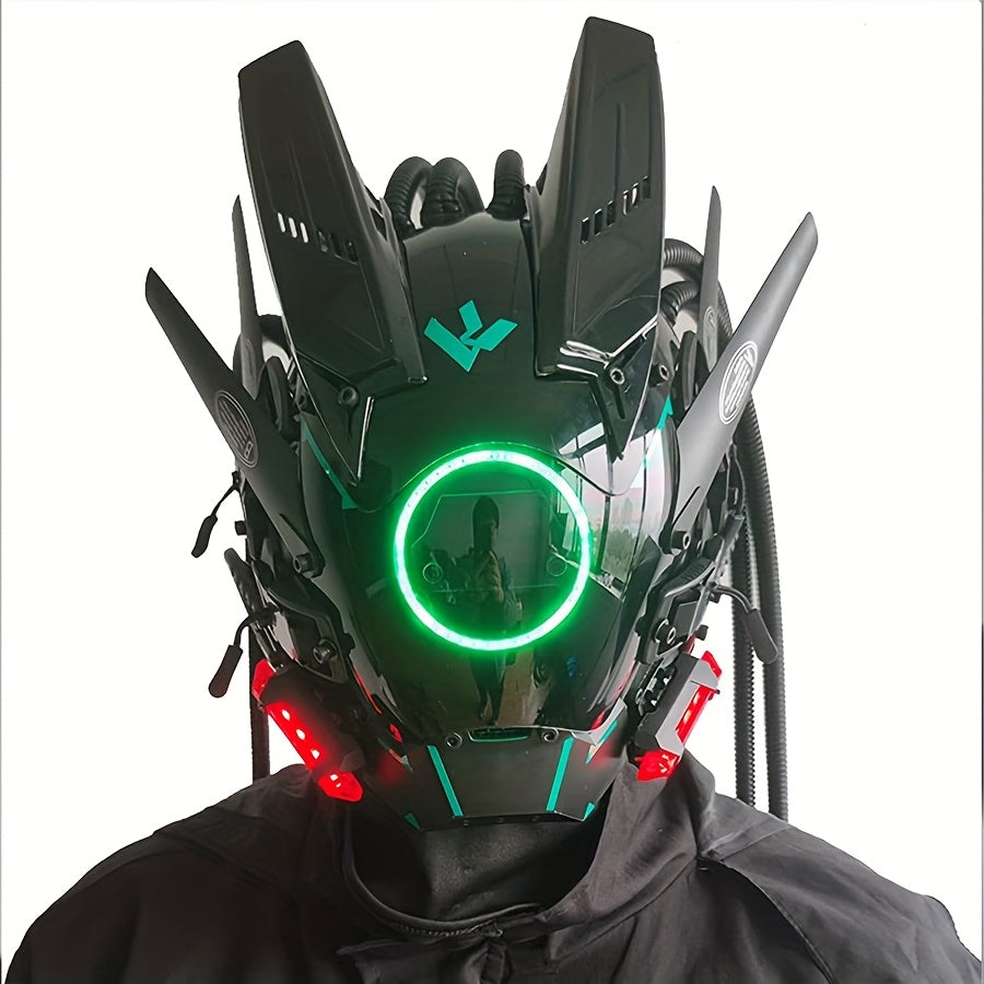 Futuristic Sci-Fi Mechanical Face Mask for Halloween, Cosplay, Music Festival & Rave Party, Blue Green Pink, Free Helmet Included, Adult Gift – LED Cyberpunk Samurai Mask with Braids